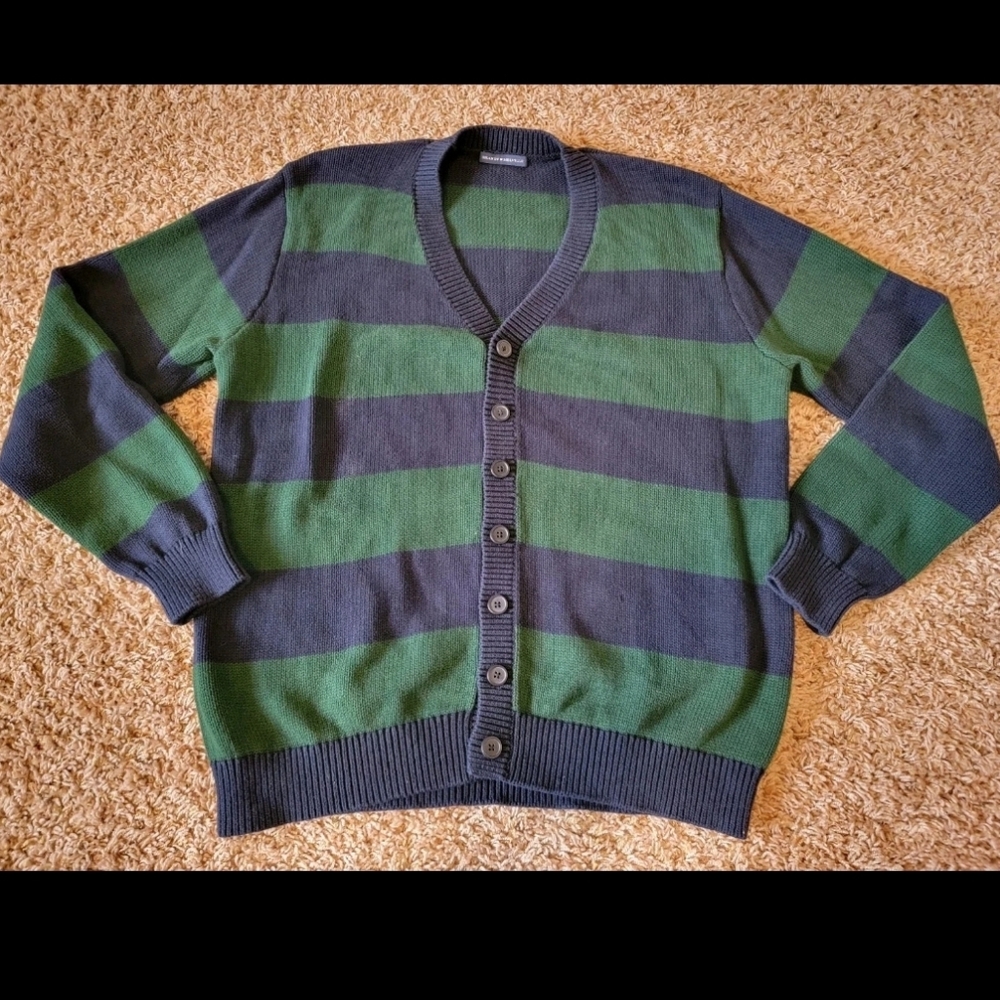 Brandy Melville Green Navy Striped Knit Cardigan Sweater! 100% Cotton! One Size